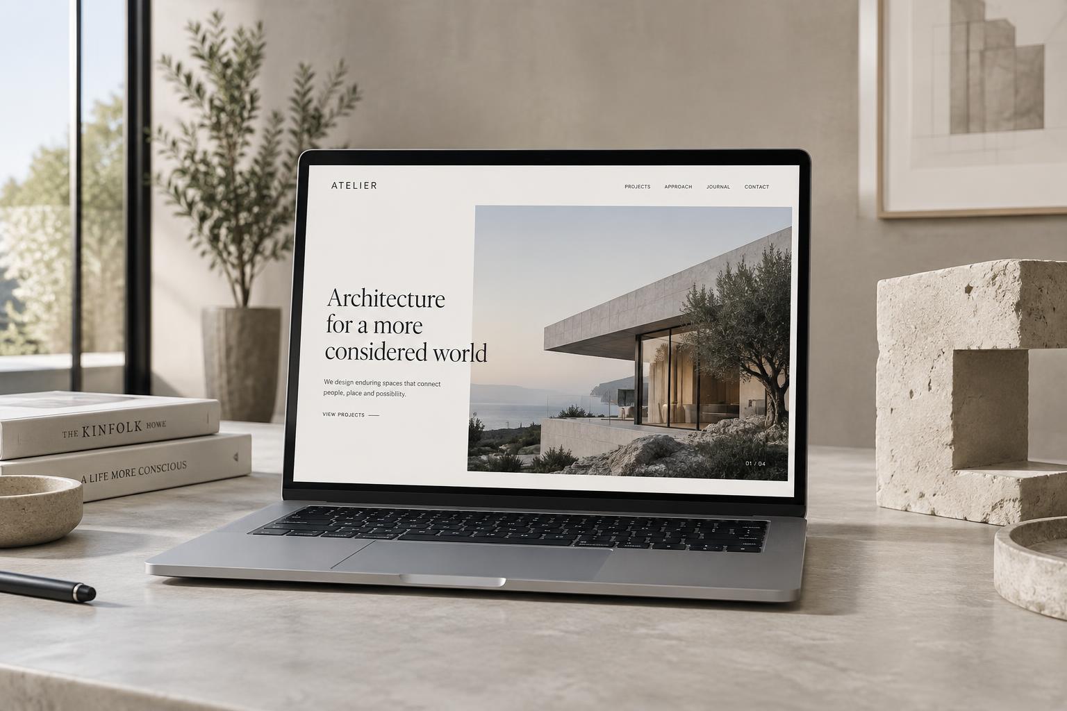 Sample Atelier architecture website displayed on a silver laptop