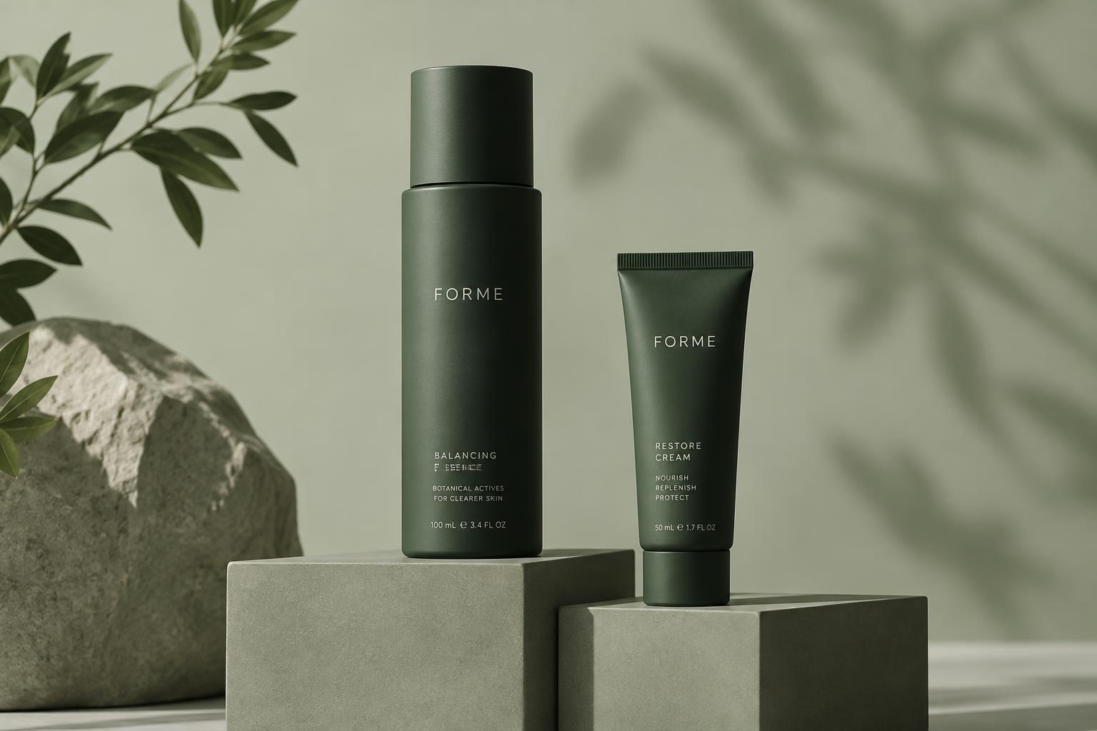 Sample Forme skincare packaging in forest green on sculptural stone plinths