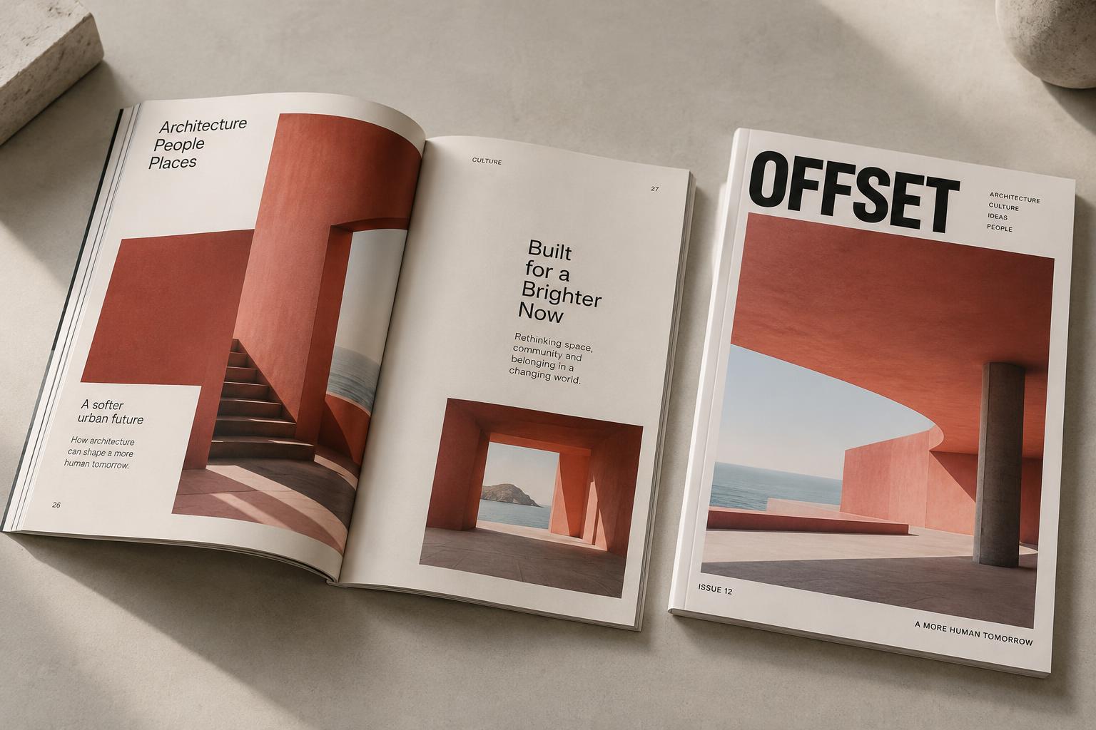 Sample Offset architecture magazine with terracotta photography and editorial layouts